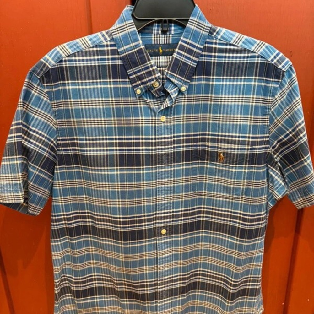 Ralph Lauren Navy and Light Blue Plaid Short-Sleeve Button-Down Shirt